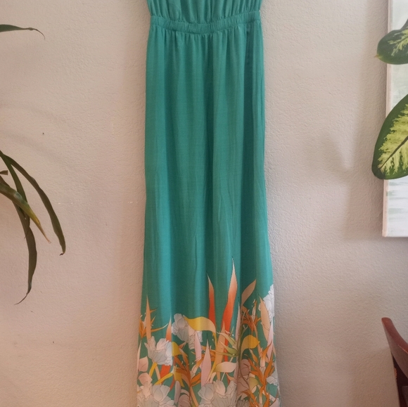 O'Neill Strapless Boho Tropical Floral Teal Resortwear Two Side Slit Flowy Maxi - Picture 9 of 11